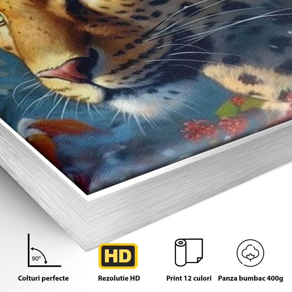 Detaliu al suprafetei: tablou canvas cu jaguar in zapada, in rama de aluminiu argintiu